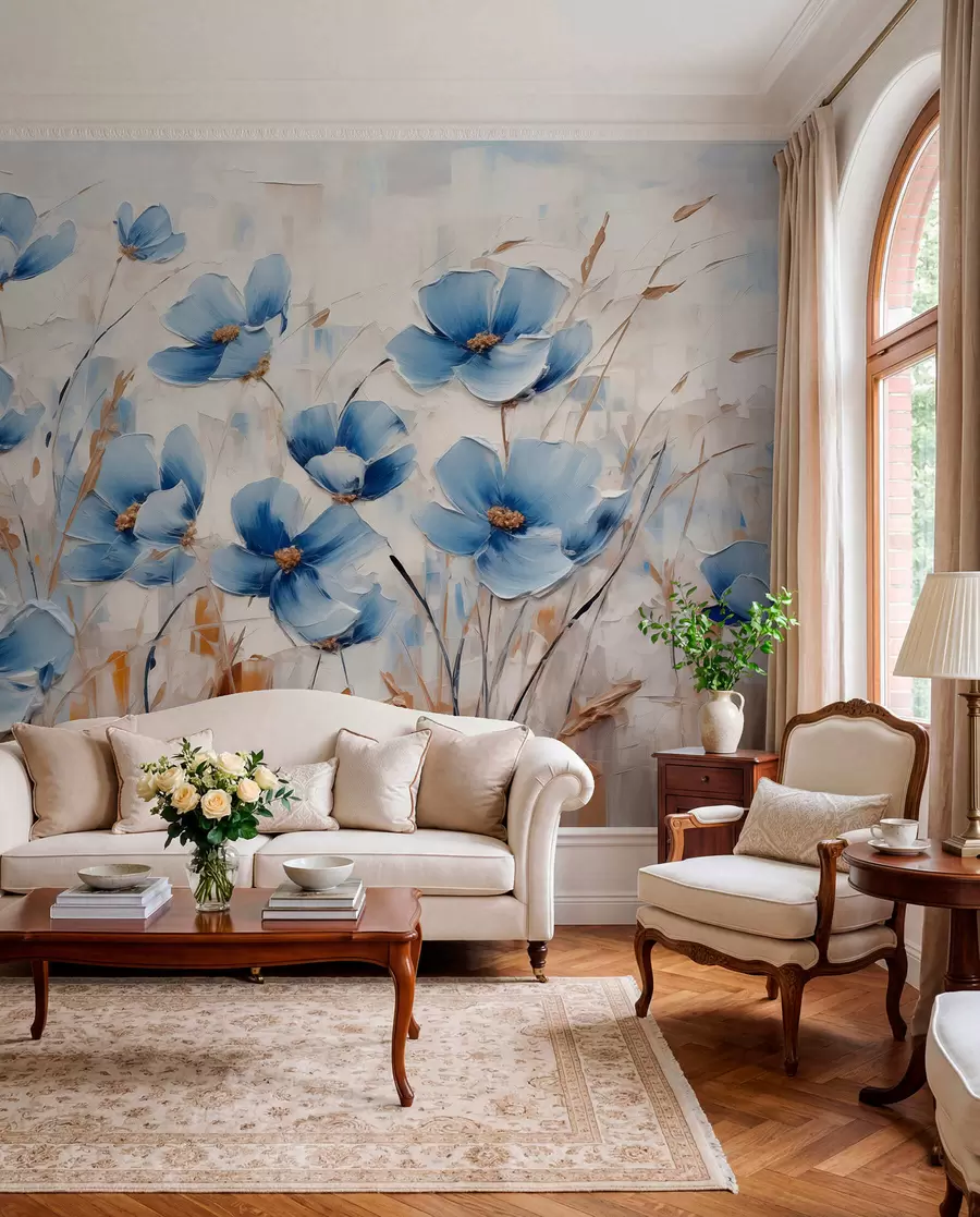 Wall Mural Photo Wallpaper Blue flowers on abstract background, imitation of oil strokes w01045