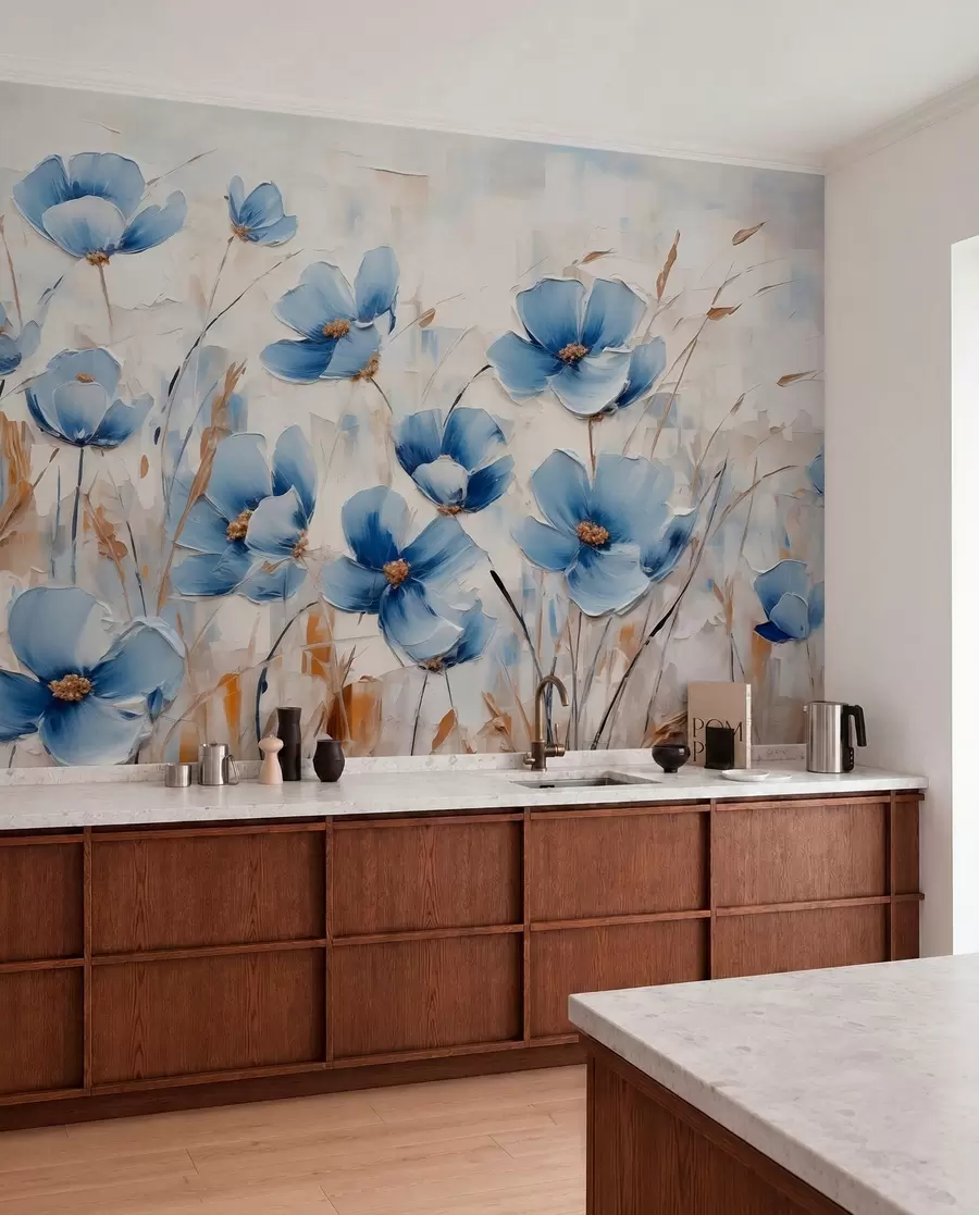 peintures murales Fleurs bleues sur fond abstrait, imitation de coups de pinceau à l'huile w01045