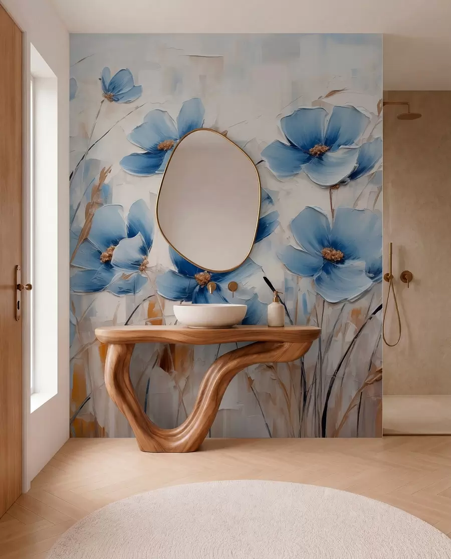 wall murals Blue flowers on abstract background, imitation of oil strokes w01045