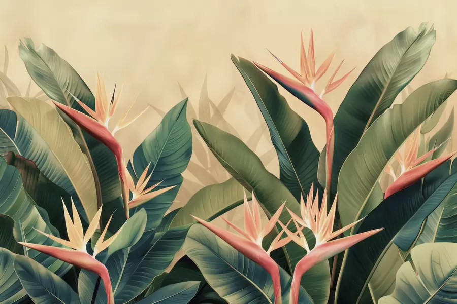 murais de parede Arranjo exuberante de flores tropicais cercadas por grandes folhas verde-escuras w01484v1