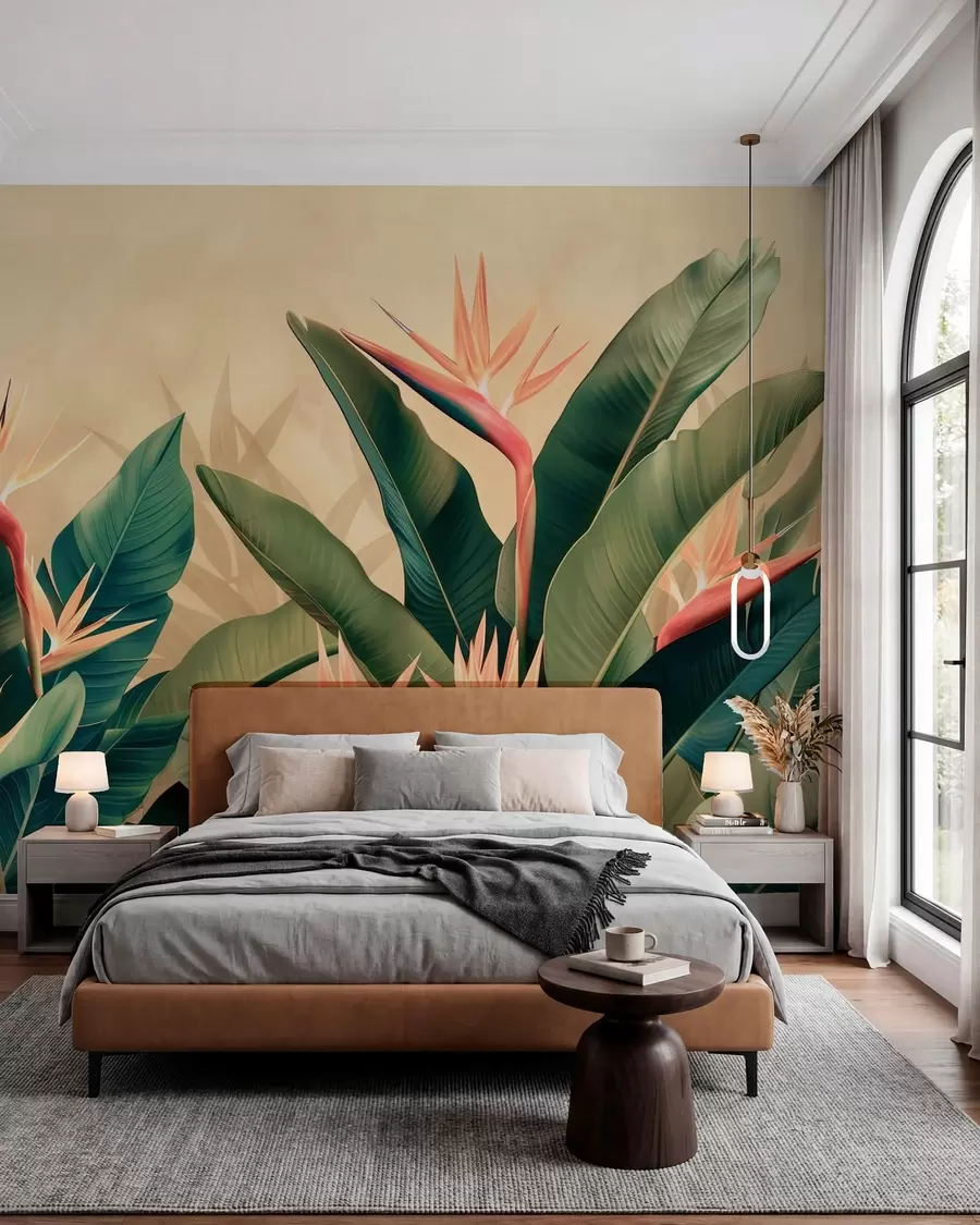 wall murals Lush arrangement of tropical flowers surrounded by large dark green leaves w01484v1