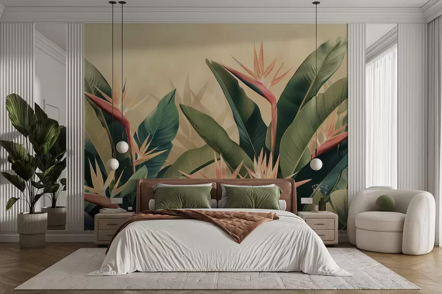 murales Arreglo exuberante de flores tropicales rodeadas de grandes hojas de color verde oscuro w01484v1