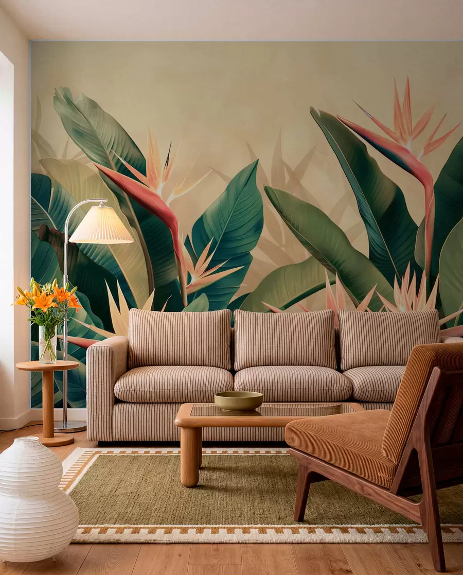 Wall Mural Photo Wallpaper Lush arrangement of tropical flowers surrounded by large dark green leaves w01484v1