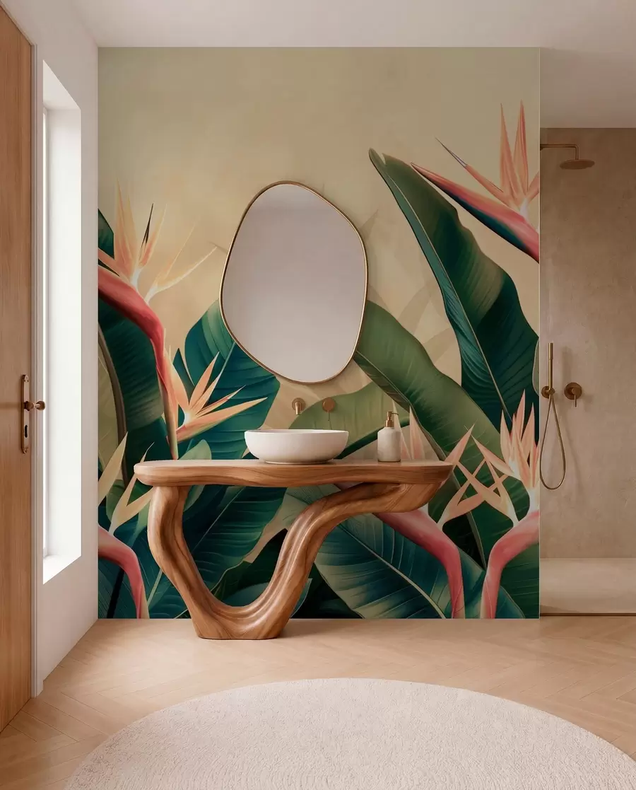 wall murals Lush arrangement of tropical flowers surrounded by large dark green leaves w01484v1