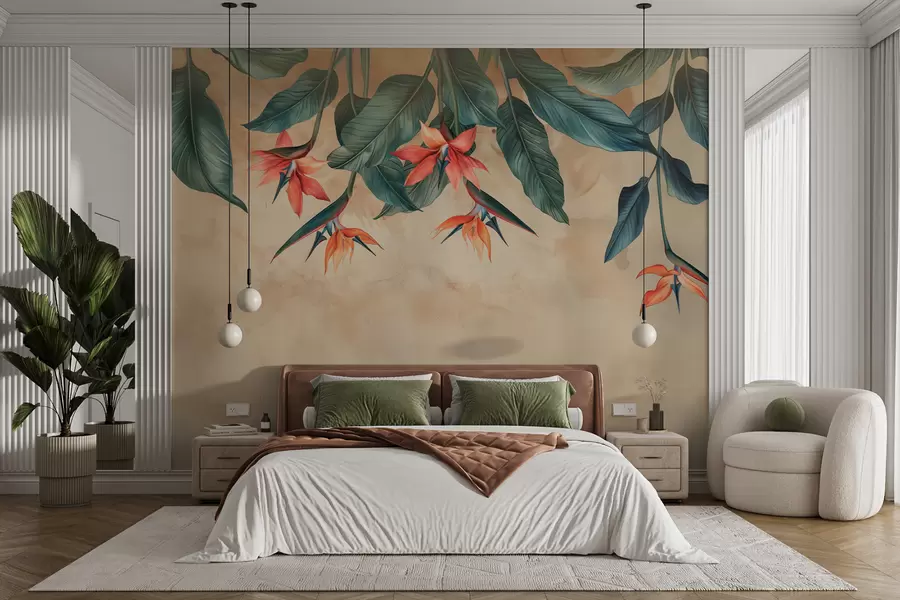 murales Floración tropical sobre fondo de acuarela beige w01485