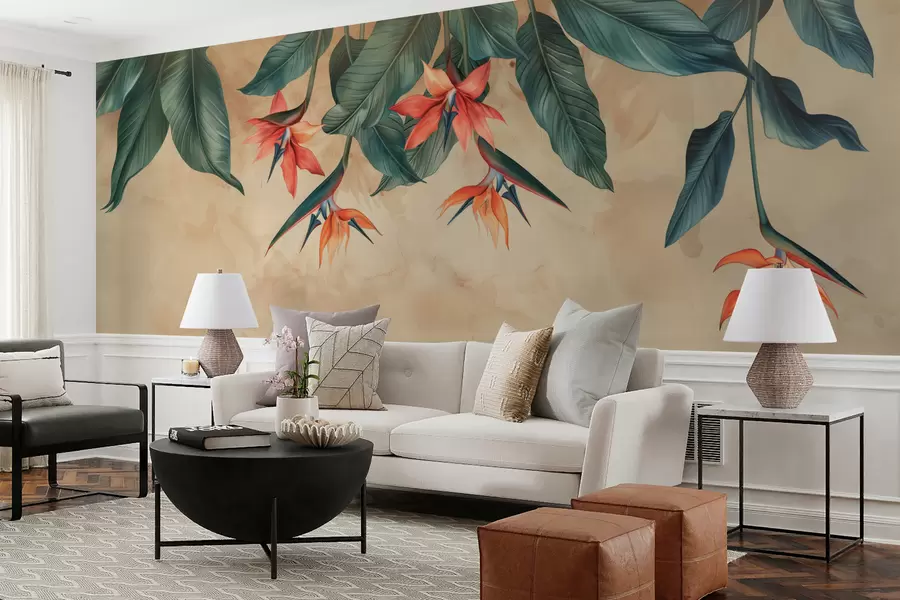 Wall Mural Photo Wallpaper Tropical bloom on beige watercolor background w01485