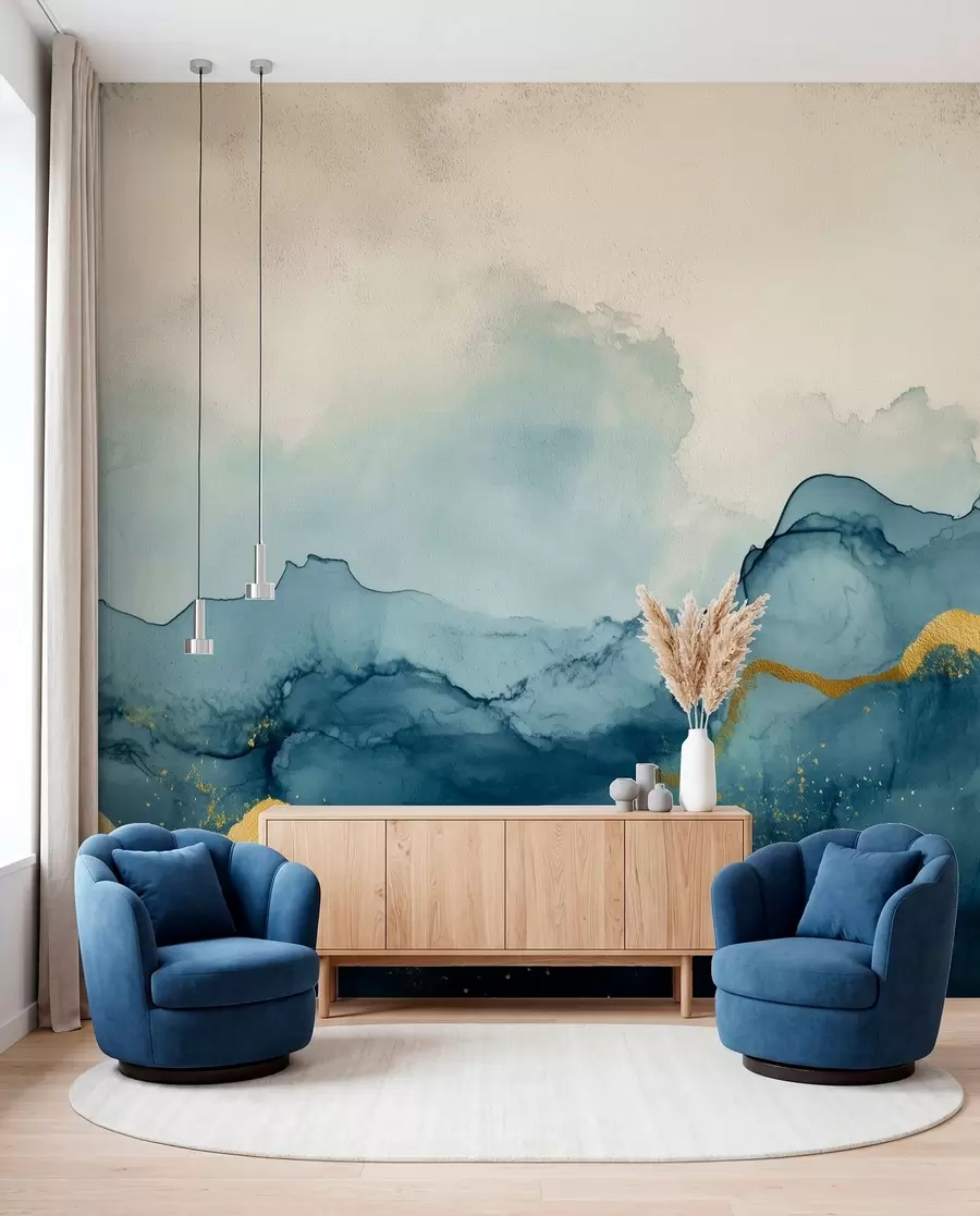 peintures murales Composition aquarelle bleue vintage avec accent w01362