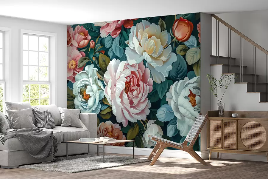 Wall Mural Photo Wallpaper Bright bouquet of large lush peonies and blooming roses w01495