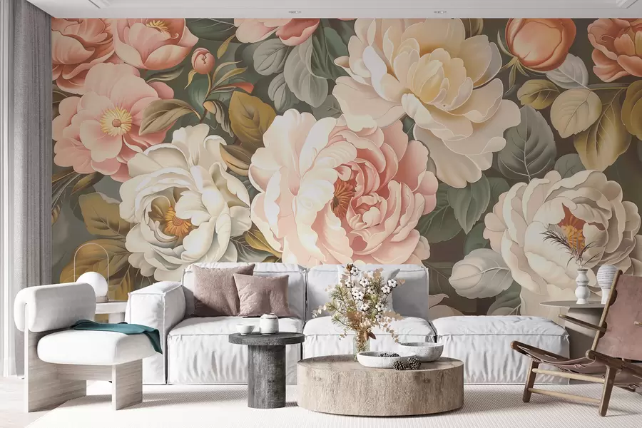 murais de parede Um buquê de grandes peônias exuberantes e rosas florescendo em cores pastel w01495v1