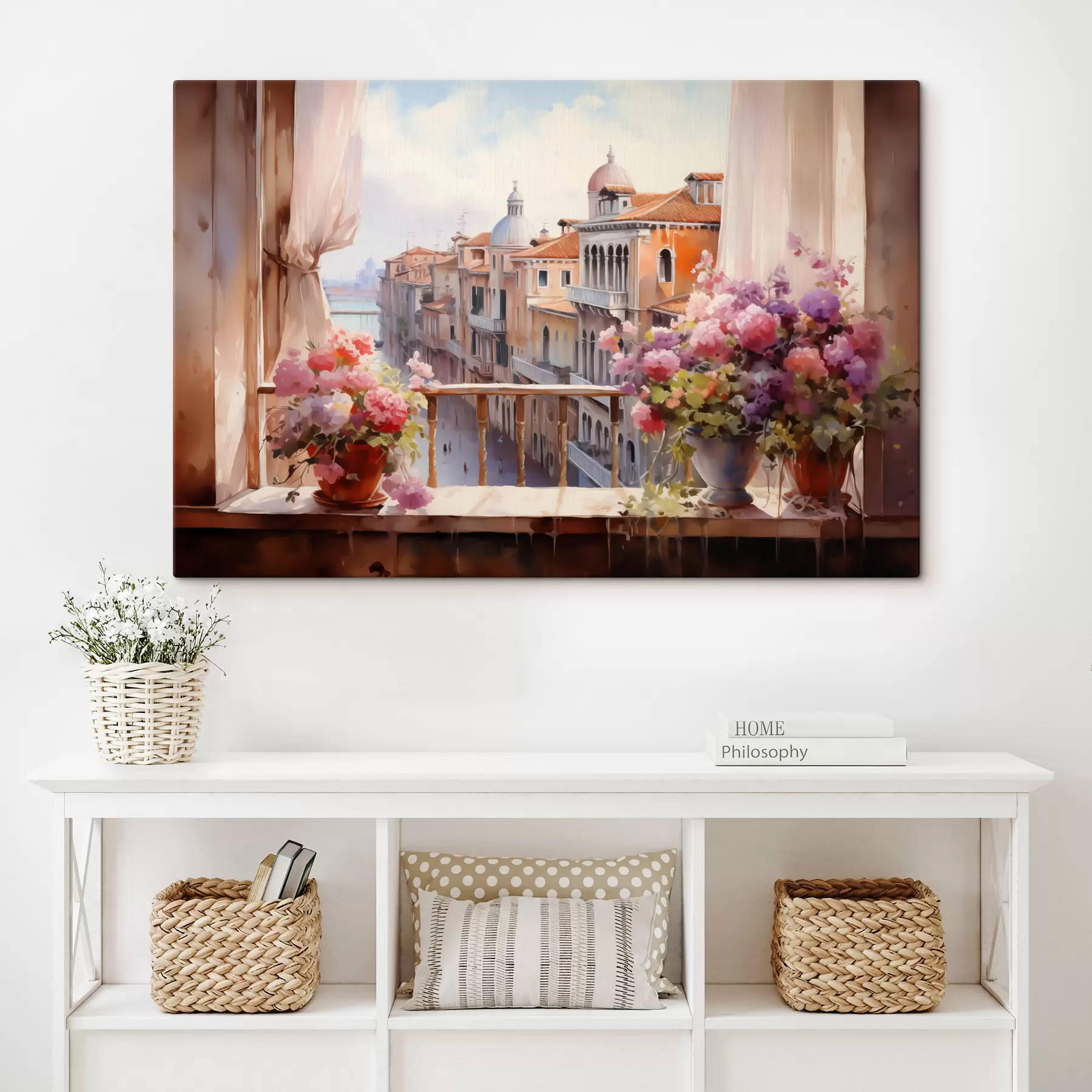 wall murals Flowers in vases with a view of the bay in Venice watercolor s40677