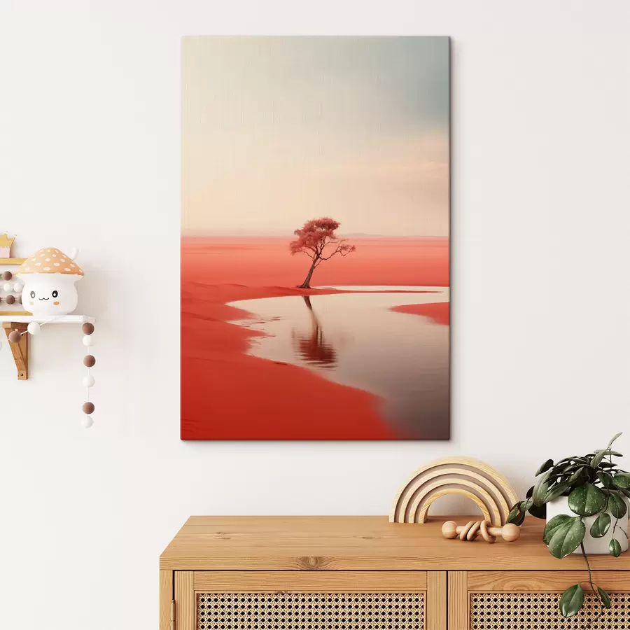murales Paisaje minimalista árbol junto al río, de color rojo, gris s40722