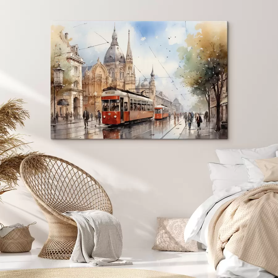wall murals Red tram on the street of Vienna watercolor s40732