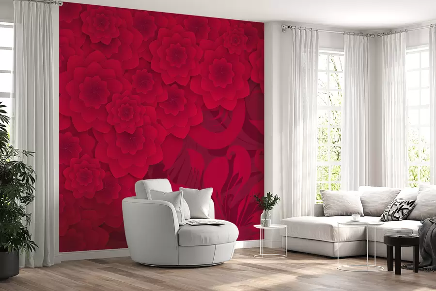 murales papel pintado burdeos con grandes flores de imitación de volumen sobre el fondo de un motivo ornamental w01051
