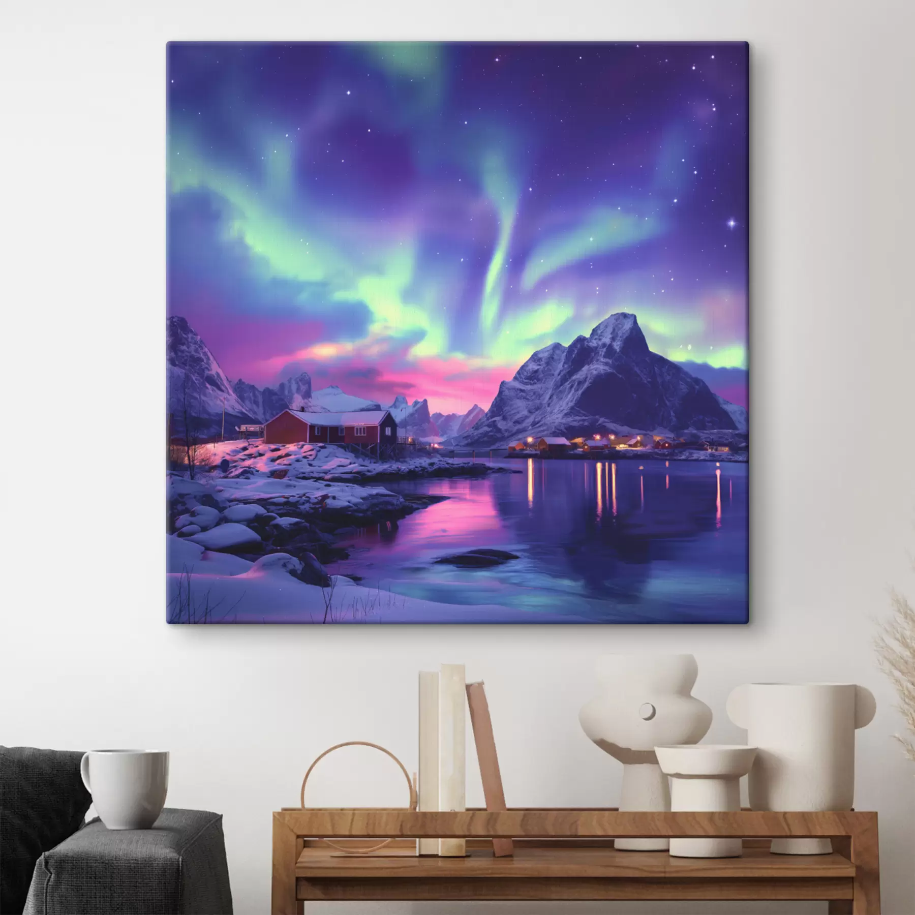 murales Luces del norte en las islas Lofoten, Noruega naturaleza, invierno s40298