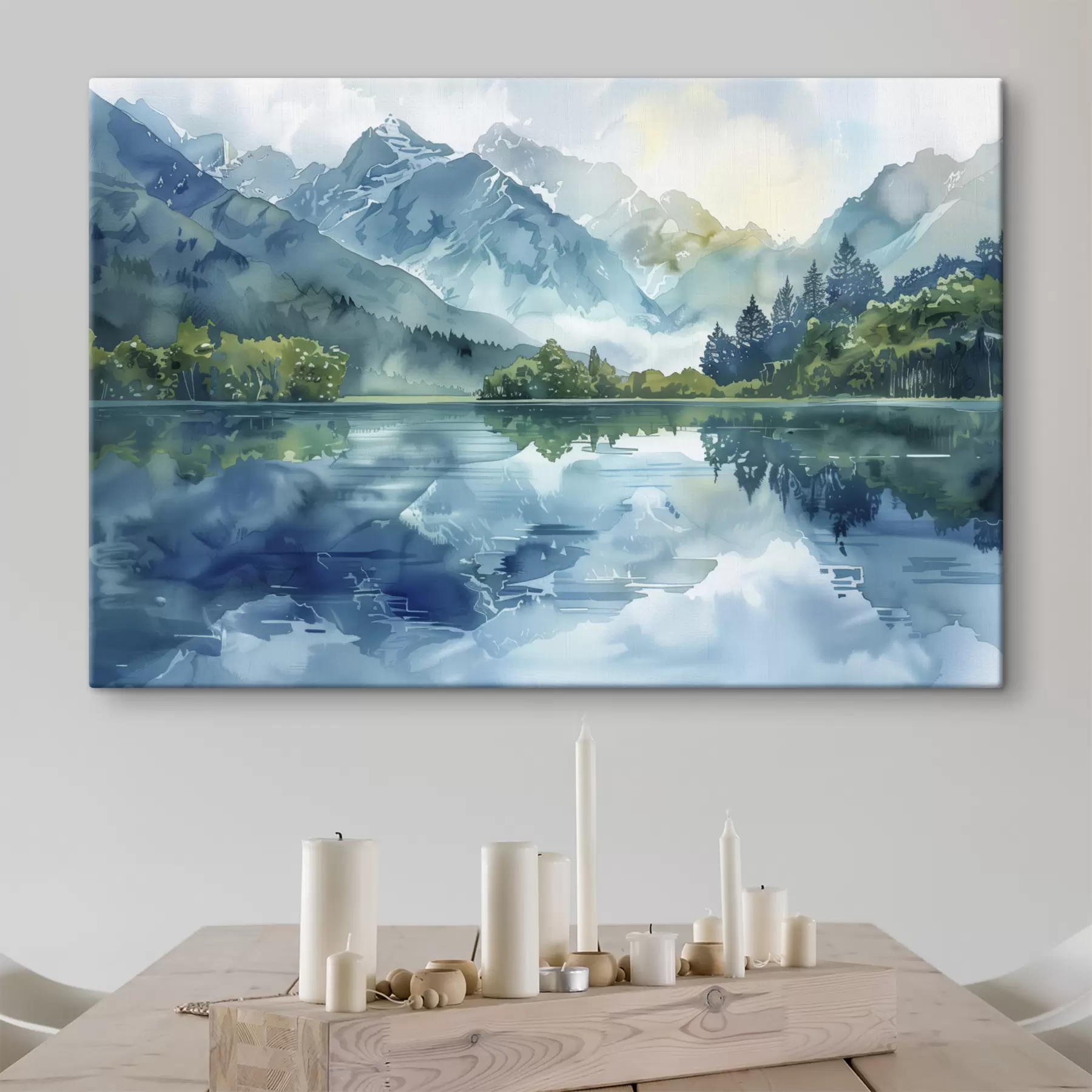 wall murals Watercolor mountains landscape, river, green and blue colors s40310