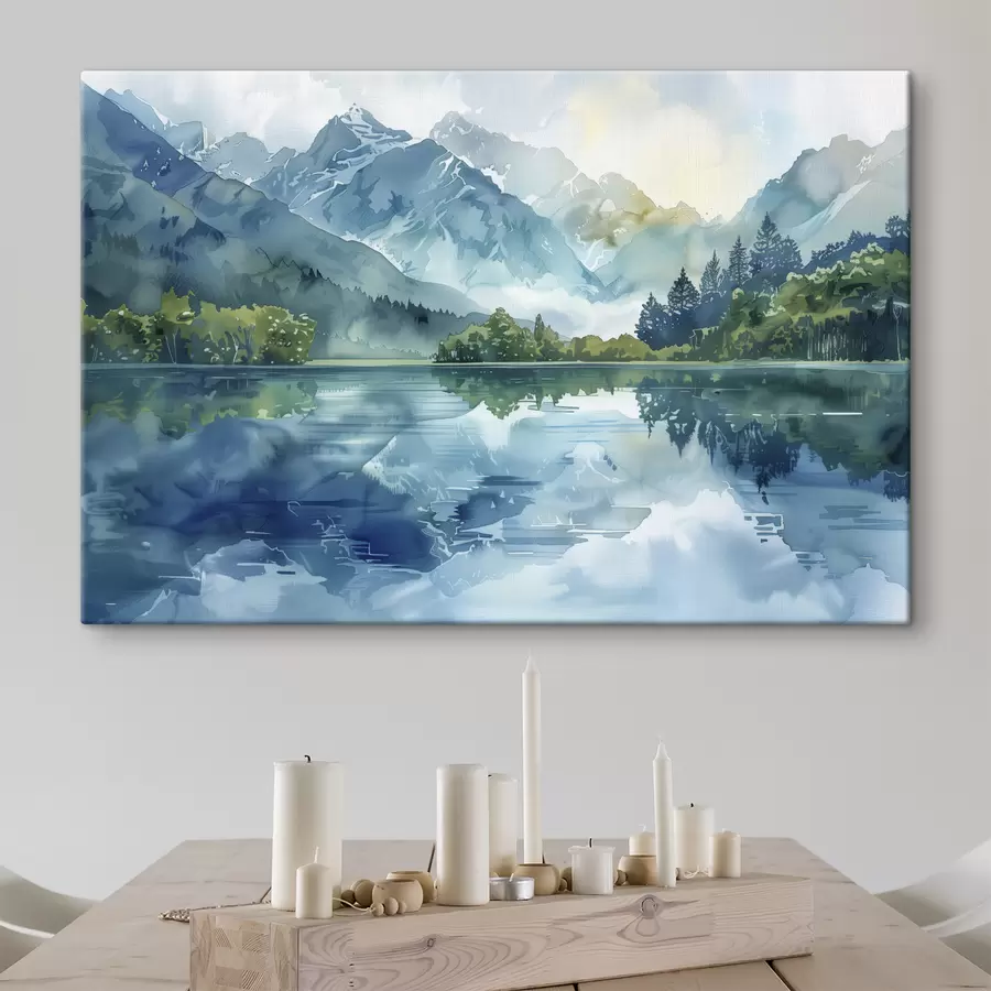 wall murals Watercolor mountains landscape, river, green and blue colors s40310