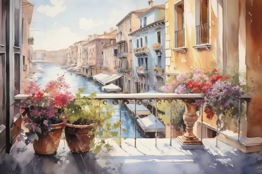peintures murales Fleurs en pots sur un balcon à Venise aquarelle w01052