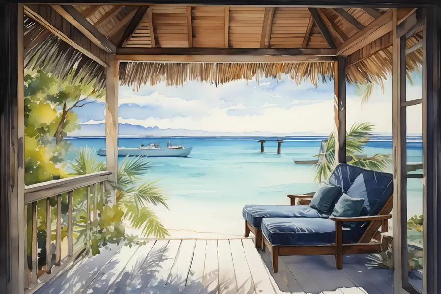 wall murals Blue sun loungers on the terrace for relaxing by the sea watercolor w01056
