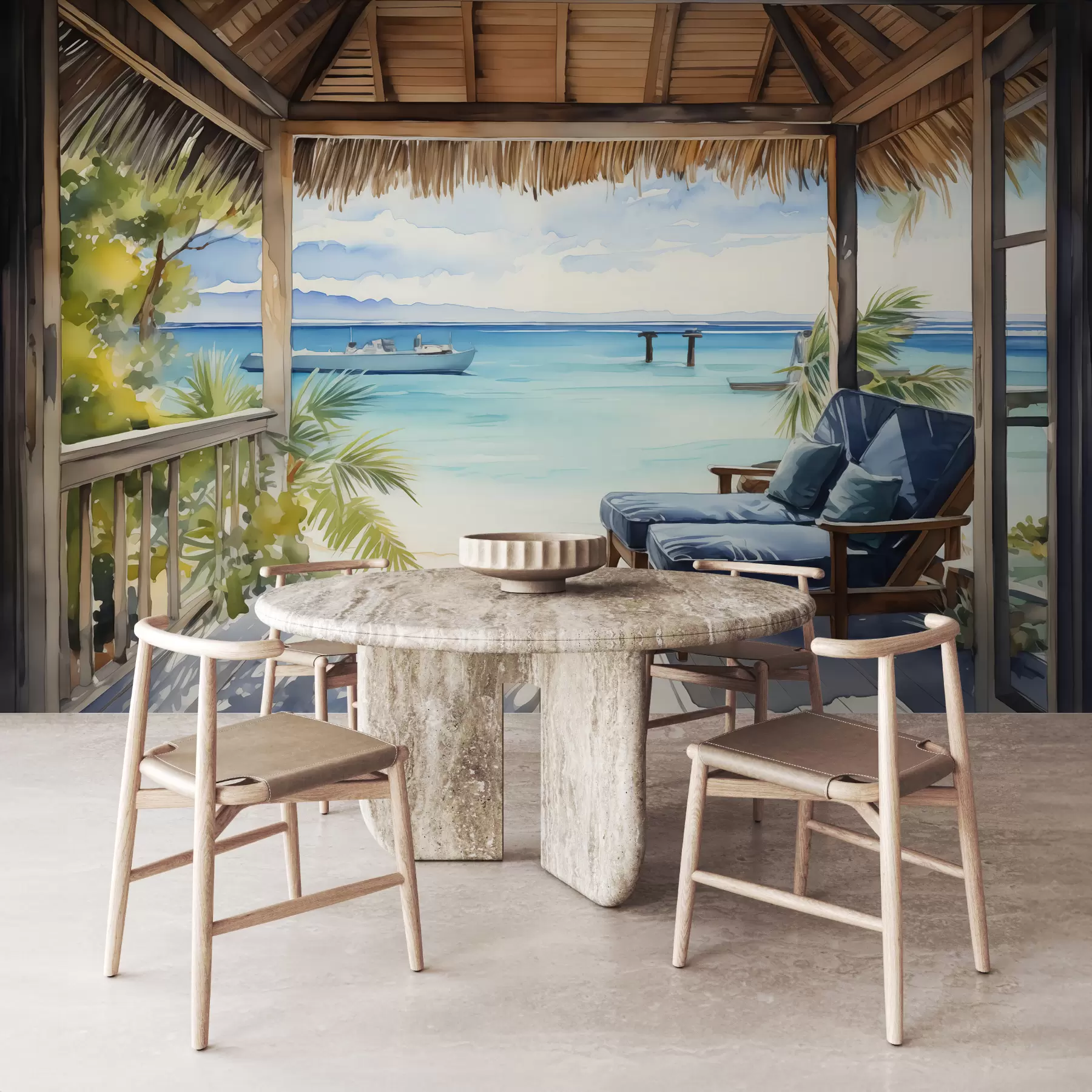 Wall Mural Photo Wallpaper Blue sun loungers on the terrace for relaxing by the sea watercolor w01056