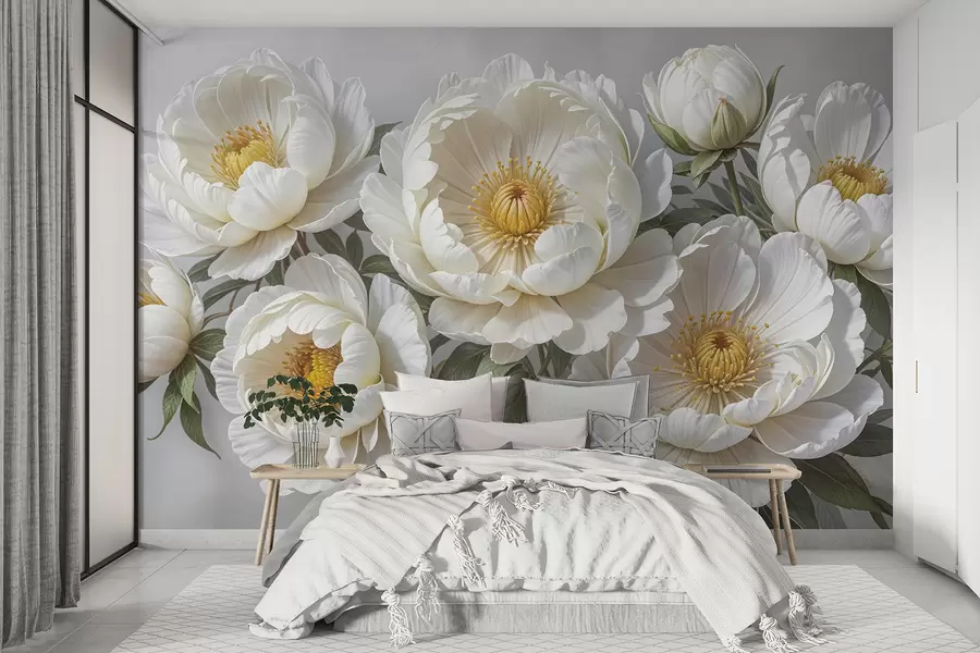 murales Pintura blanca voluminosa de peonías con centros amarillos, rodeadas de hojas verdes sobre fondo claro w08249