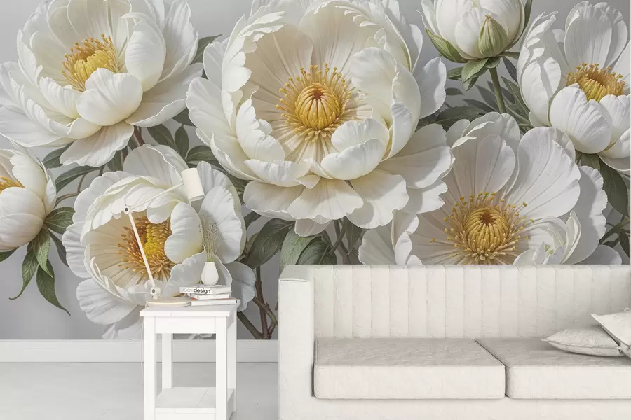 murales Pintura blanca voluminosa de peonías con centros amarillos, rodeadas de hojas verdes sobre fondo claro w08249