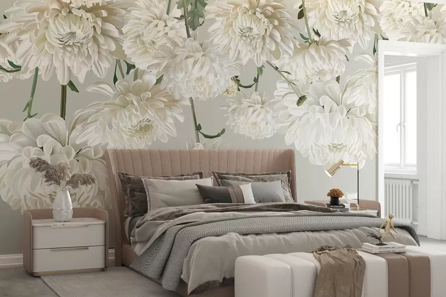 Wall Mural Photo Wallpaper White chrysanthemum flowers with green leaves on a light gray background w08251