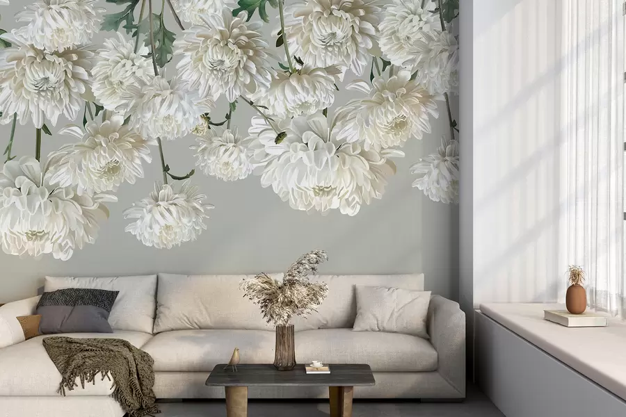 murales Flores blancas de crisantemo con hojas verdes sobre fondo gris claro w08251