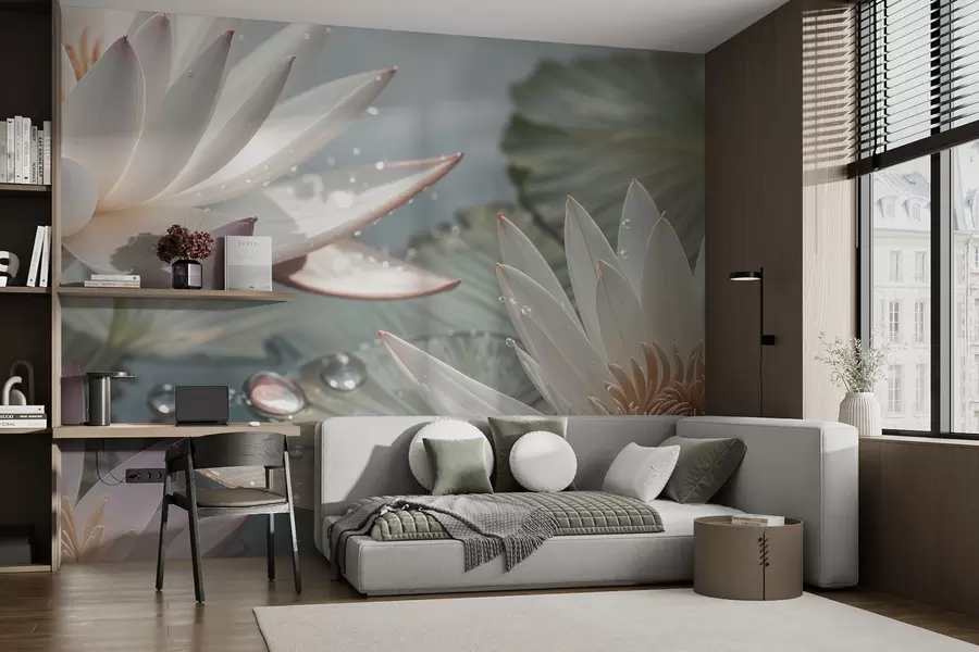 wall murals A close-up of white lotus flowers with water droplets on their petals against a blurred green background w08252
