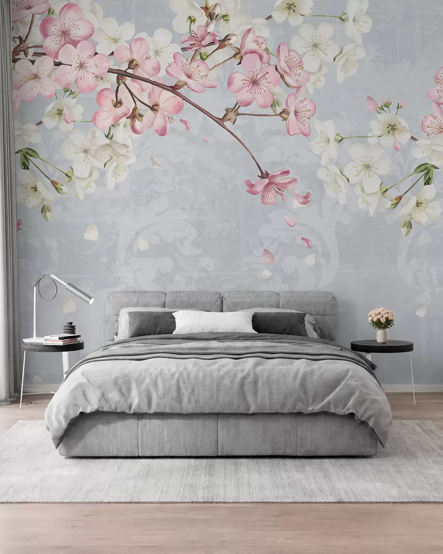 murales Flores de cerezo rosas y blancas en plena floración, con suaves pétalos que caen sobre un fondo azul texturizado w08254