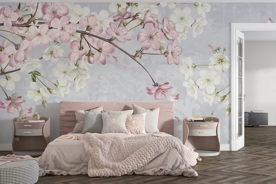 murales Flores de cerezo rosas y blancas en plena floración, con suaves pétalos que caen sobre un fondo azul texturizado w08254