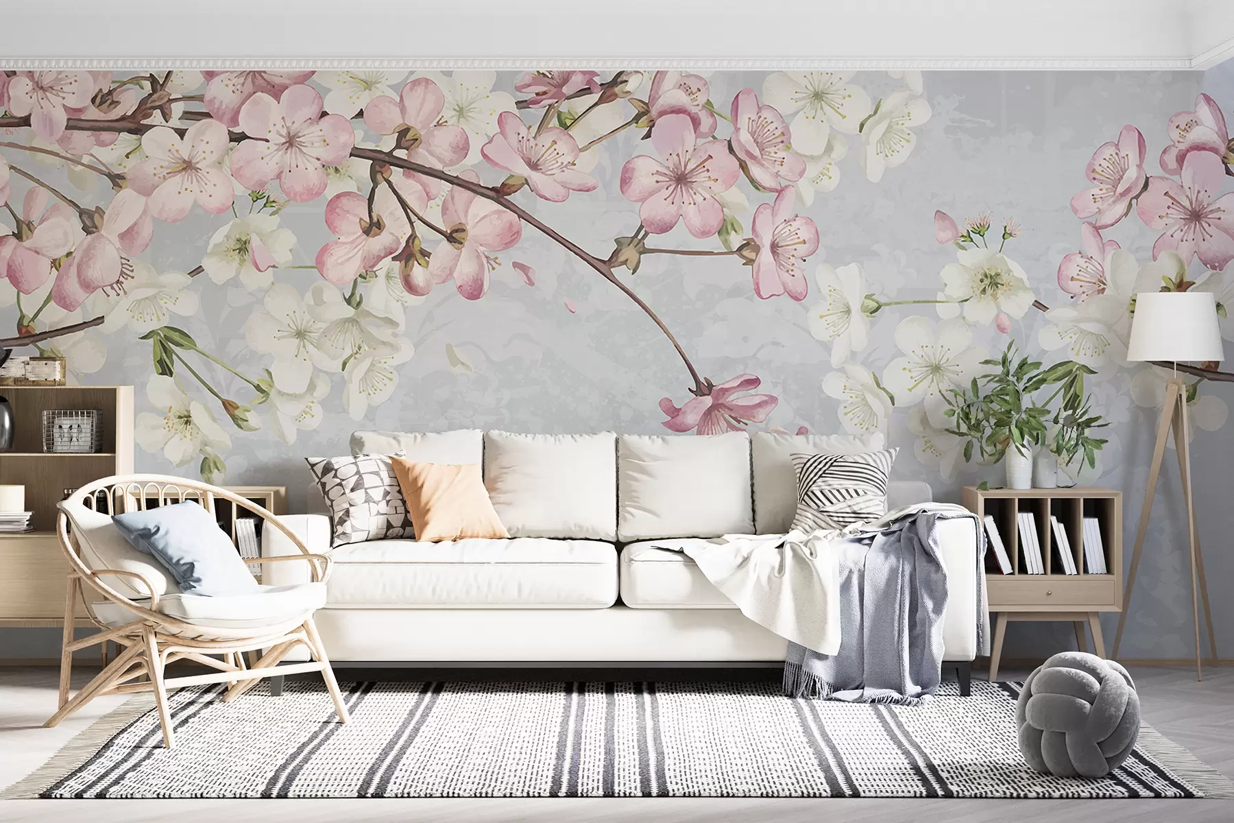 murais de parede Flores de cerejeira cor-de-rosa e brancas em plena floração, com pétalas suaves a cair sobre um fundo azul texturado w08254