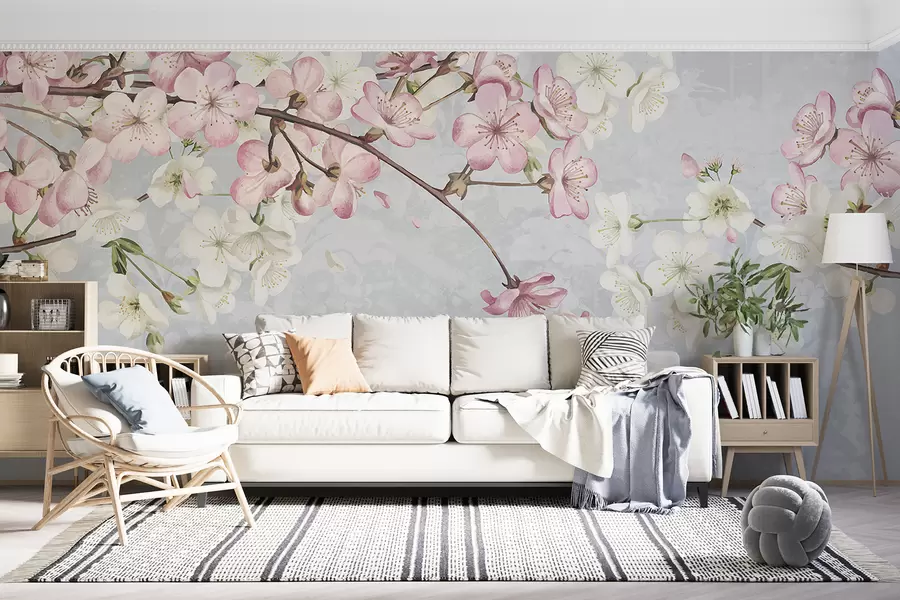 wall murals Pink and white cherry blossom flowers in full bloom, with soft petals falling against a textured blue background w08254