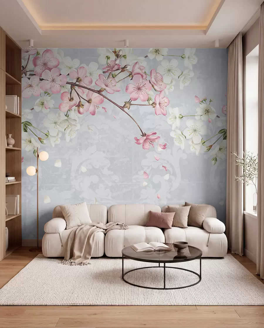 Wall Mural Photo Wallpaper Pink and white cherry blossom flowers in full bloom, with soft petals falling against a textured blue background w08254