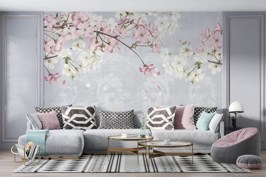 Wall Mural Photo Wallpaper Pink and white cherry blossom flowers in full bloom, with soft petals falling against a textured blue background w08254