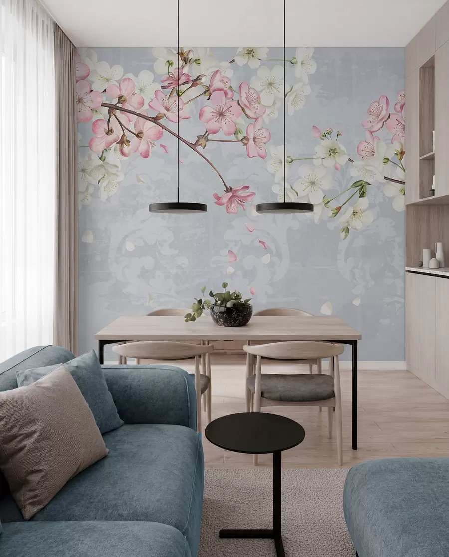 Wall Mural Photo Wallpaper Pink and white cherry blossom flowers in full bloom, with soft petals falling against a textured blue background w08254