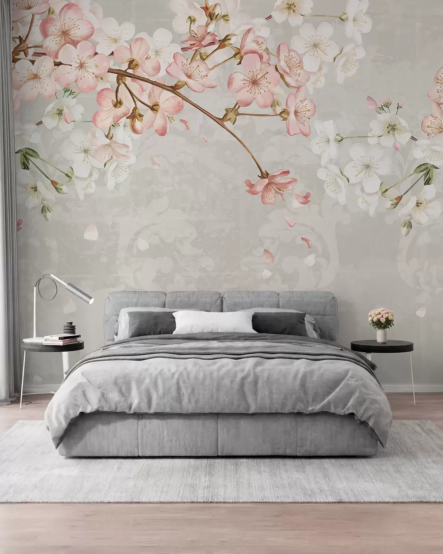 Wall Mural Photo Wallpaper Pink and white cherry blossom flowers in full bloom, with soft petals falling against a textured beige background w08254v1