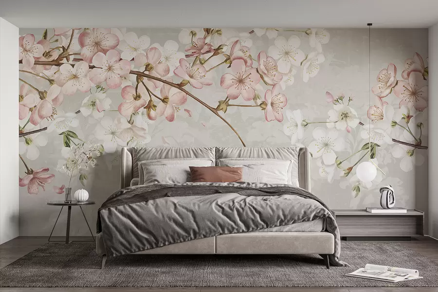 peintures murales Fleurs de cerisier roses et blanches en pleine floraison, avec des pétales doux tombant sur un fond beige texturé w08254v1