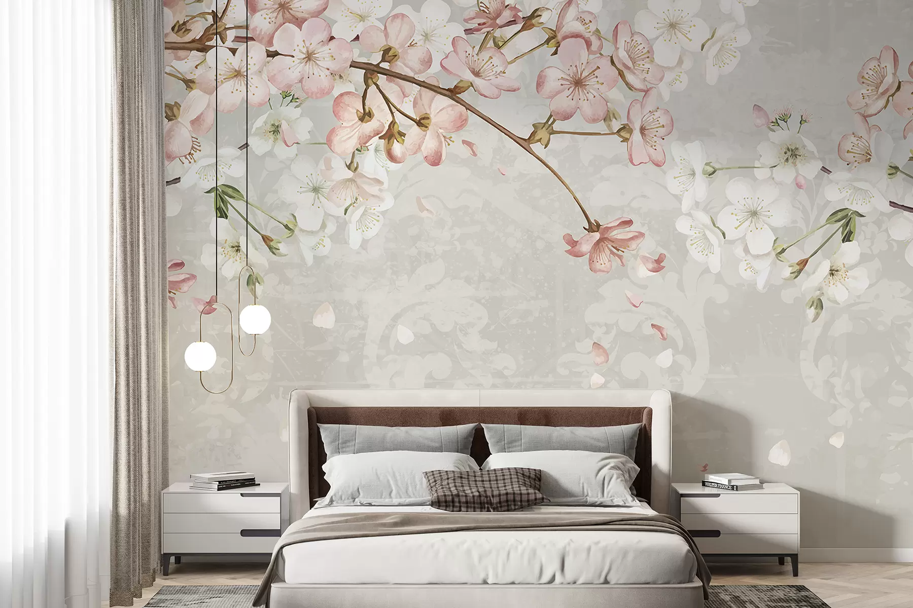 wall murals Pink and white cherry blossom flowers in full bloom, with soft petals falling against a textured beige background w08254v1