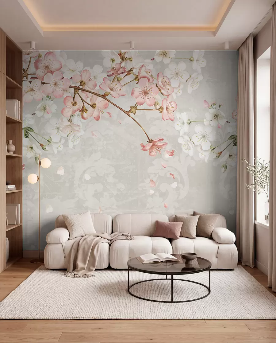 murales Flores de cerezo rosas y blancas en plena floración, con suaves pétalos que caen sobre un fondo beige texturizado w08254v1