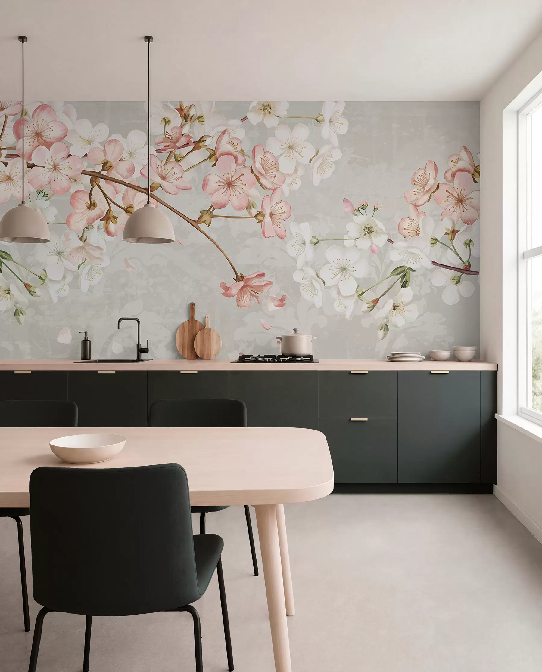 peintures murales Fleurs de cerisier roses et blanches en pleine floraison, avec des pétales doux tombant sur un fond beige texturé w08254v1
