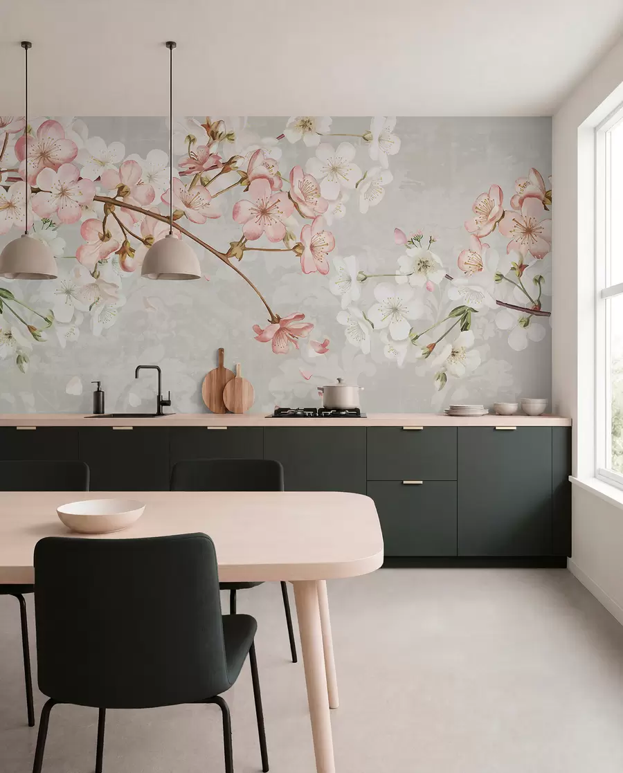 wall murals Pink and white cherry blossom flowers in full bloom, with soft petals falling against a textured beige background w08254v1