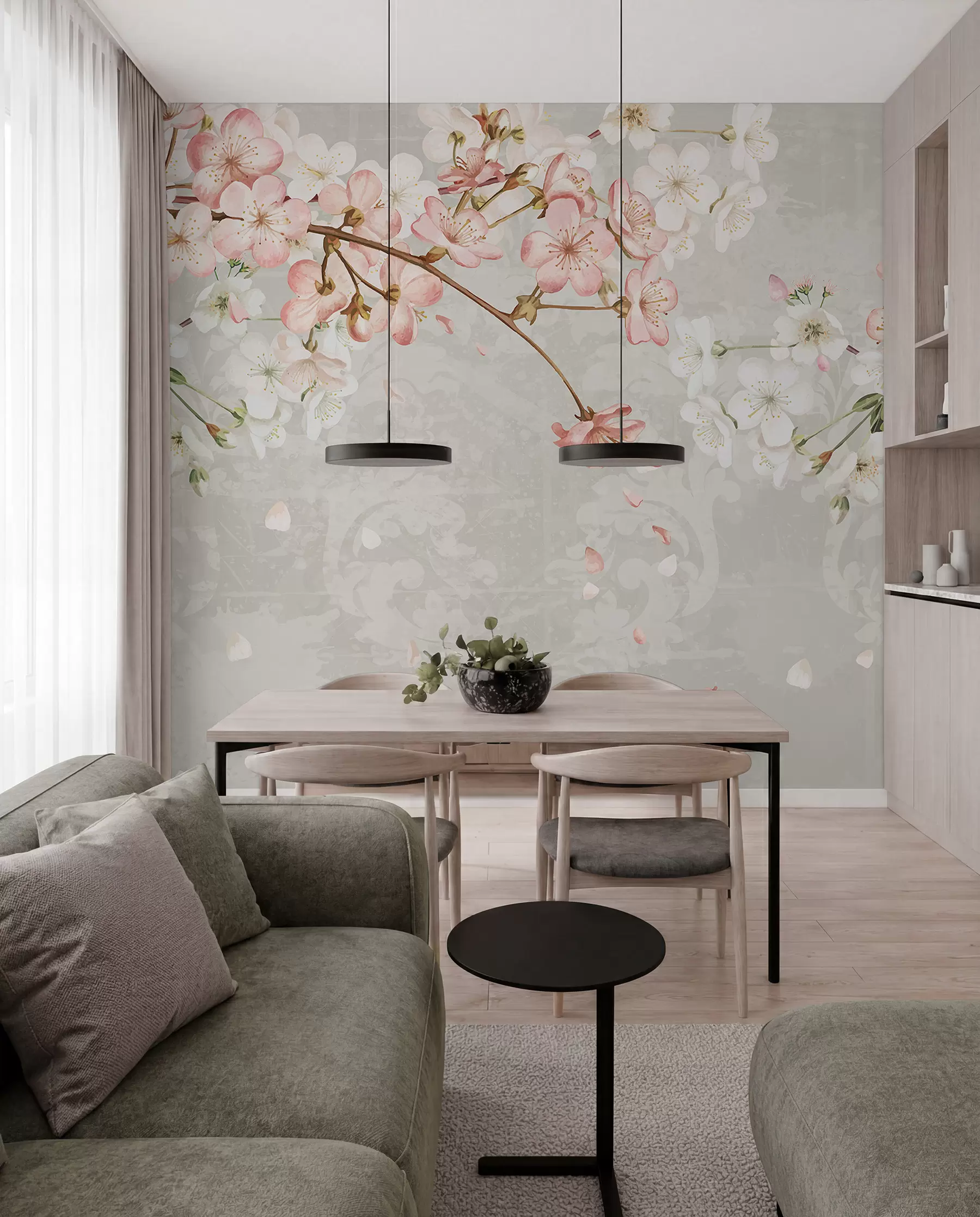 peintures murales Fleurs de cerisier roses et blanches en pleine floraison, avec des pétales doux tombant sur un fond beige texturé w08254v1