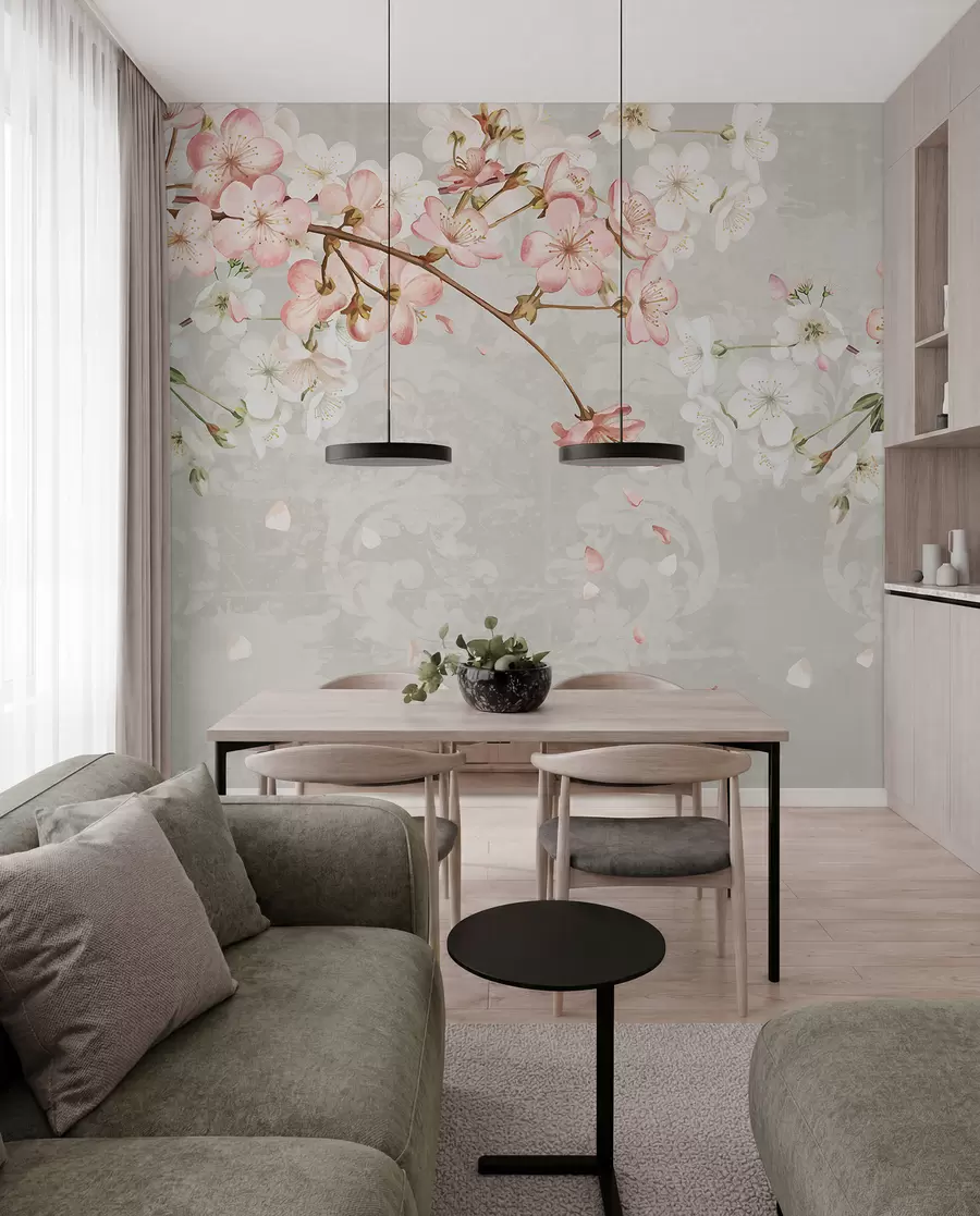 Wall Mural Photo Wallpaper Pink and white cherry blossom flowers in full bloom, with soft petals falling against a textured beige background w08254v1