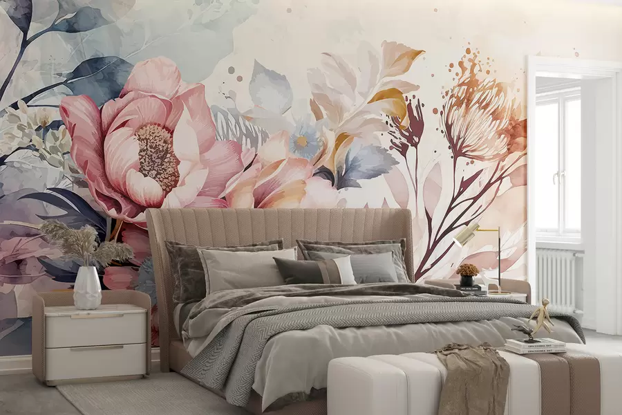 murales Grandes flores rosas y azules con delicados pétalos, rodeadas de flores más pequeñas sobre un fondo de acuarela w08256