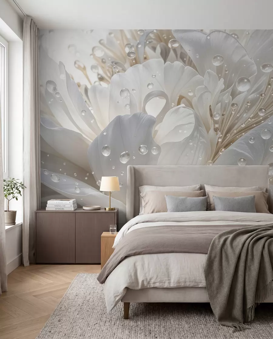 wall murals A close-up of a white peony flower with delicate petals and water droplets w08262