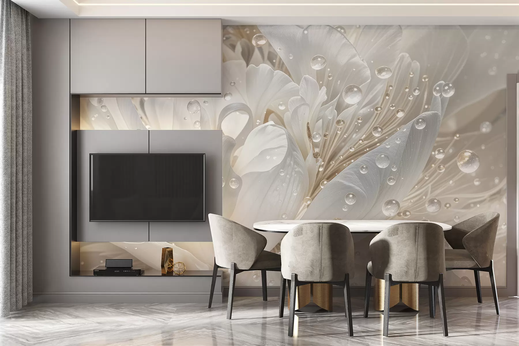 Wall Mural Photo Wallpaper A close-up of a white peony flower with delicate petals and water droplets w08262