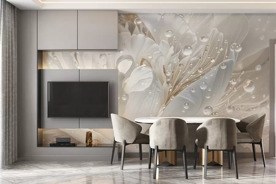 murales Primer plano de una flor de peonía blanca con delicados pétalos y gotas de agua w08262