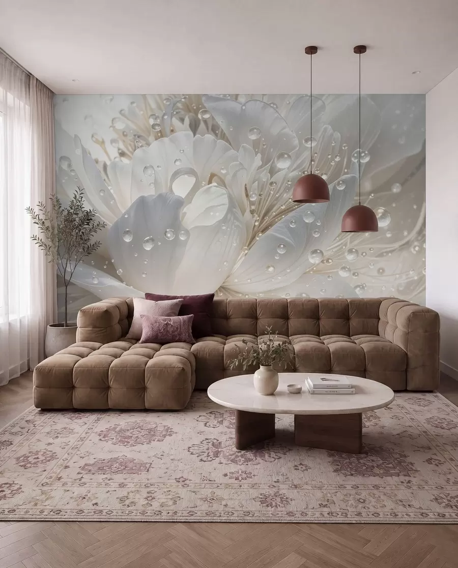 wall murals A close-up of a white peony flower with delicate petals and water droplets w08262