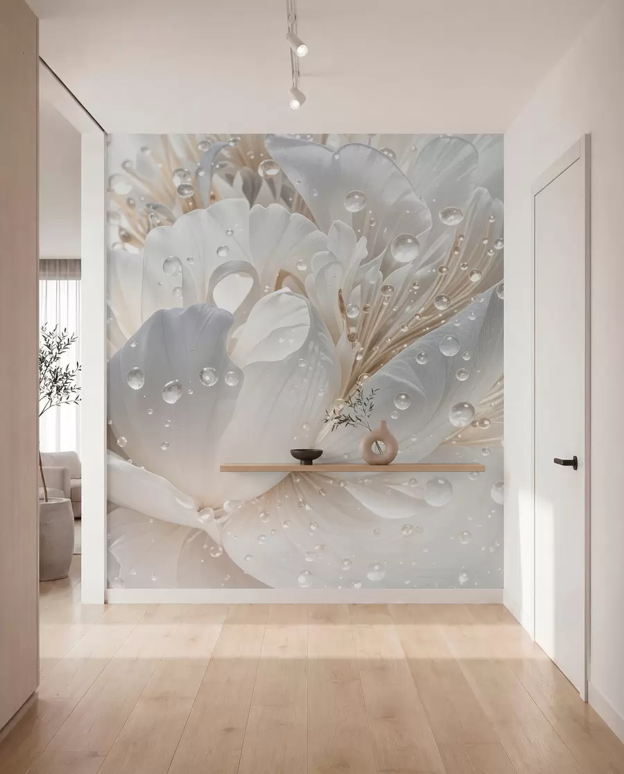 peintures murales Gros plan sur une fleur de pivoine blanche aux pétales délicats et aux gouttes d'eau w08262
