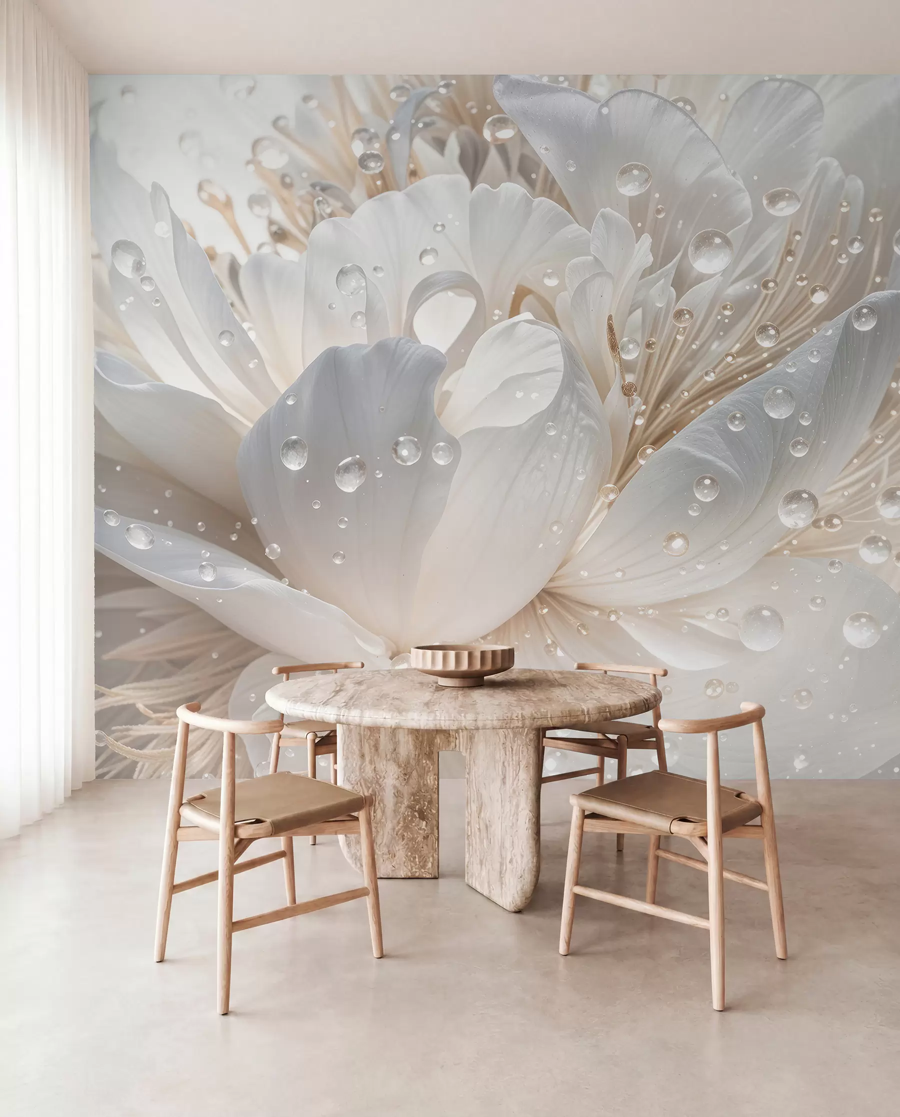 wall murals A close-up of a white peony flower with delicate petals and water droplets w08262
